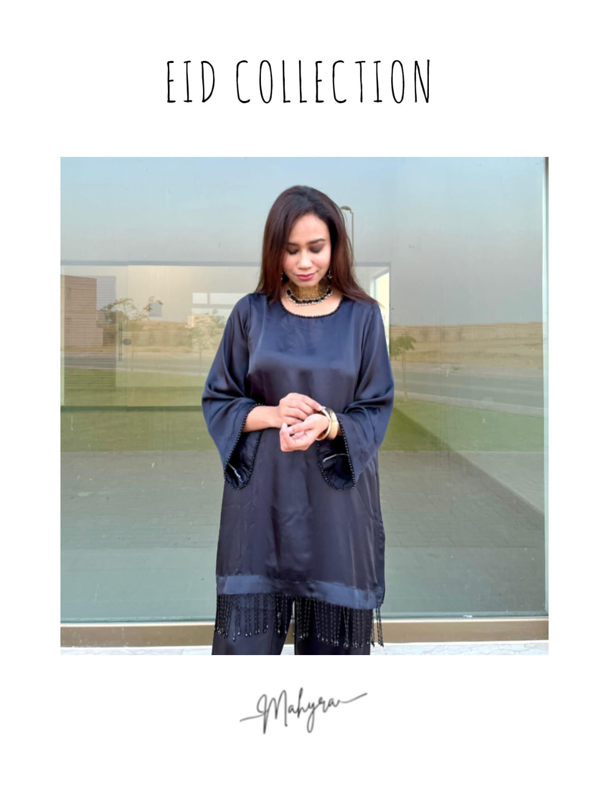 Onyx Silk-Satin Tunic Set with Beaded Fringe Detail