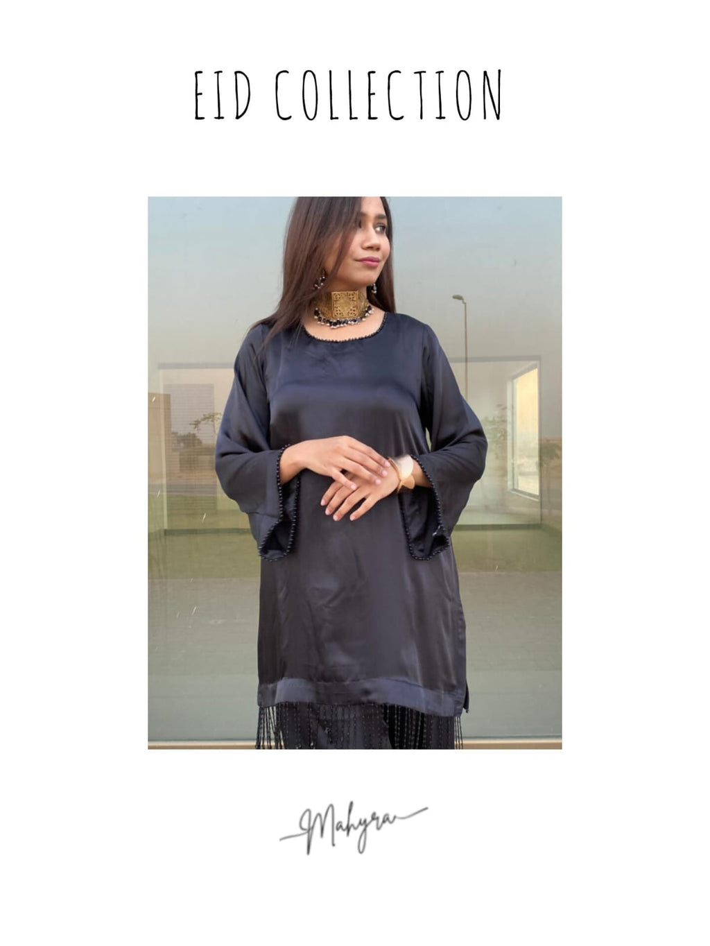 Onyx Silk-Satin Tunic Set with Beaded Fringe Detail