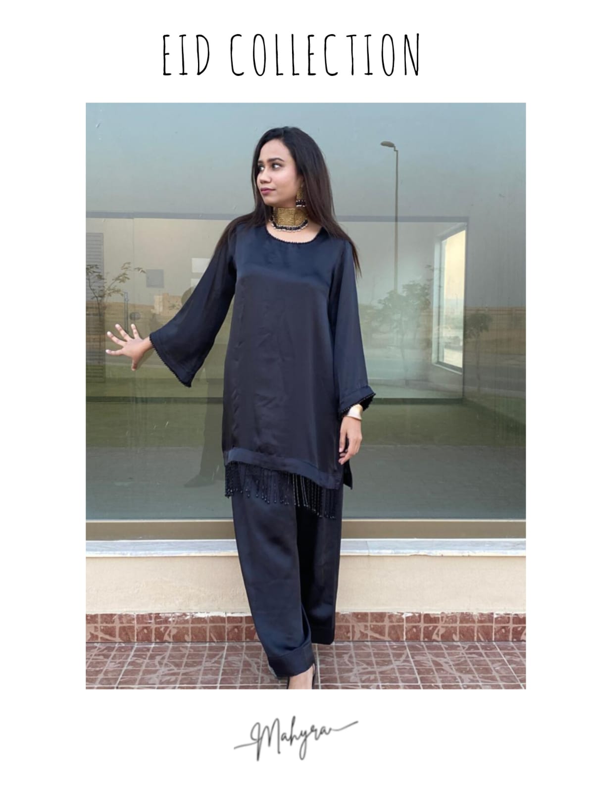 Onyx Silk-Satin Tunic Set with Beaded Fringe Detail