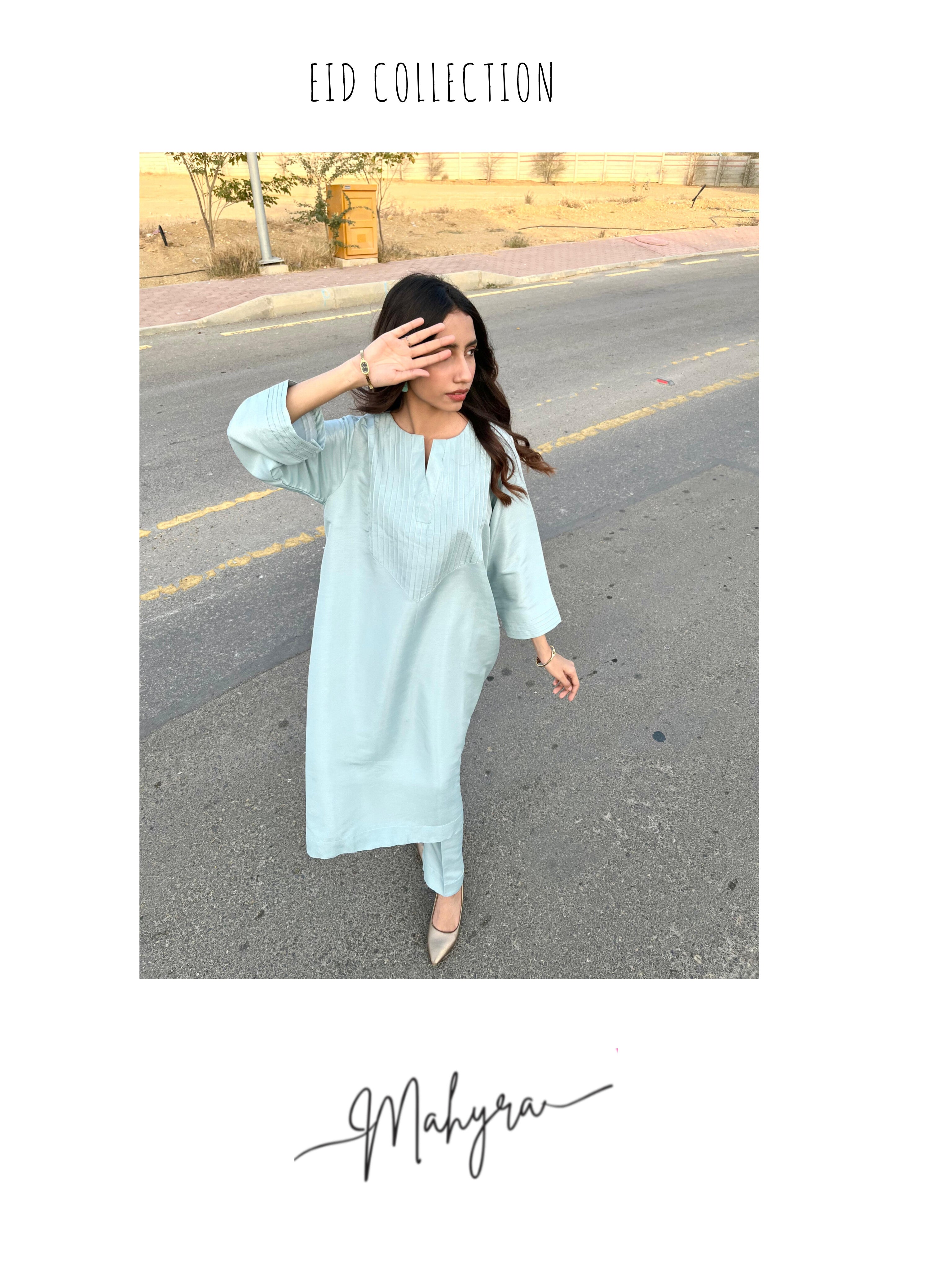 Pastel Blue Pleated Tunic & Trouser